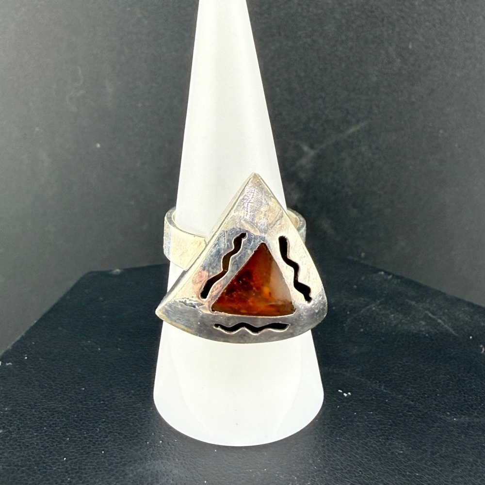 Vintage Estate Cocktail Ring Silver Triangle Red Stone Signed 7.25